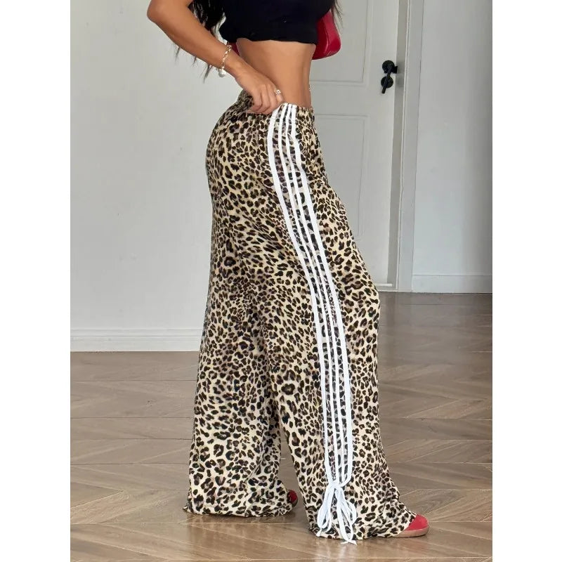 Y2k Women Wild Leopard Print Straight Pants Girl Autumn Stripe Stretch Loose Casual Trendy Night Out Streetwear Trousers Bottoms