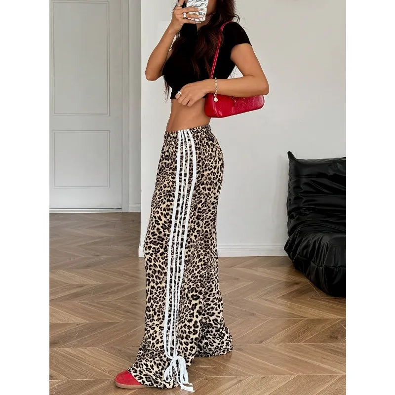 Y2k Women Wild Leopard Print Straight Pants Girl Autumn Stripe Stretch Loose Casual Trendy Night Out Streetwear Trousers Bottoms