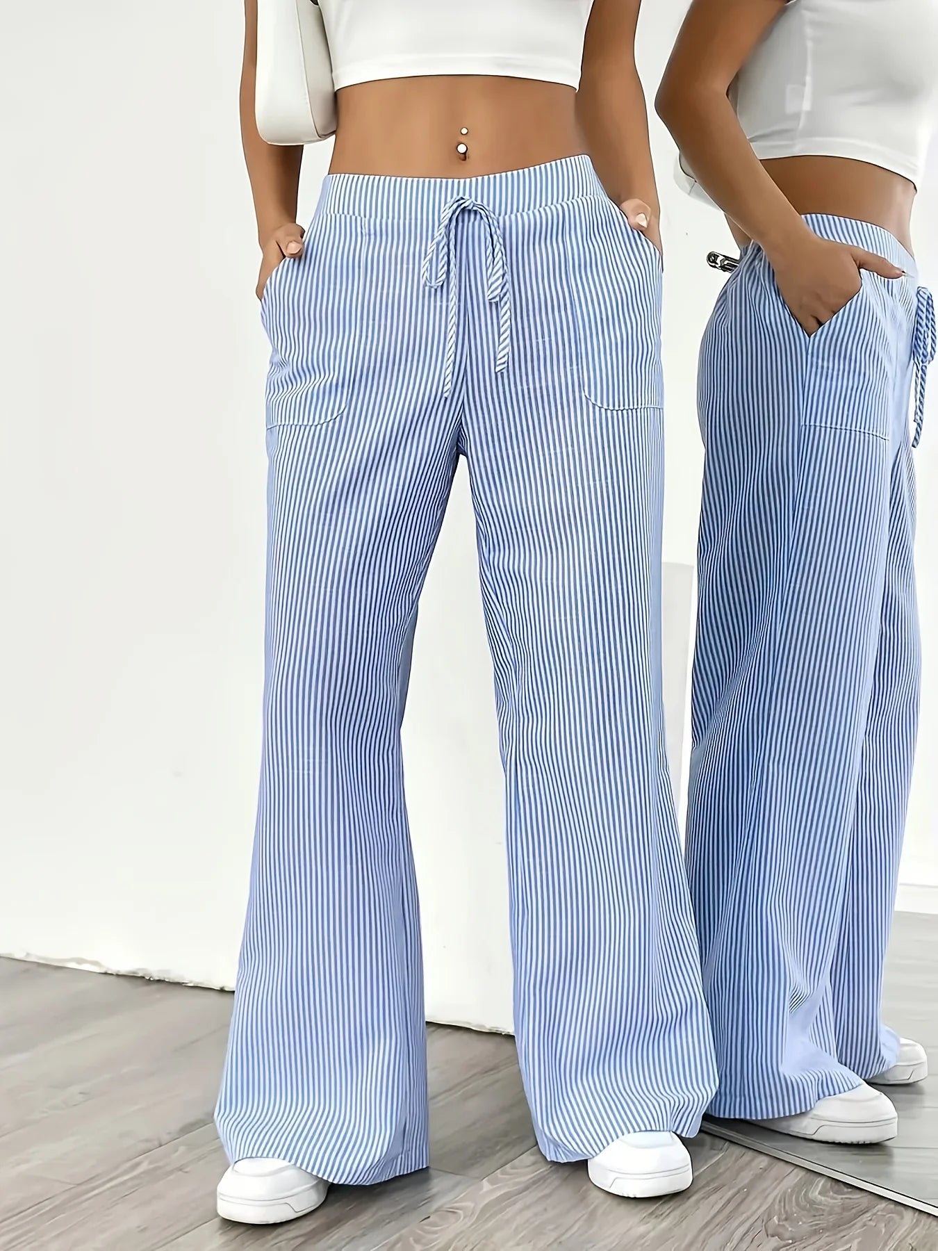 New Women's Pants, Sports Pants, Women's Fashionable and Popular Casual Striped Blue Pocket Pants