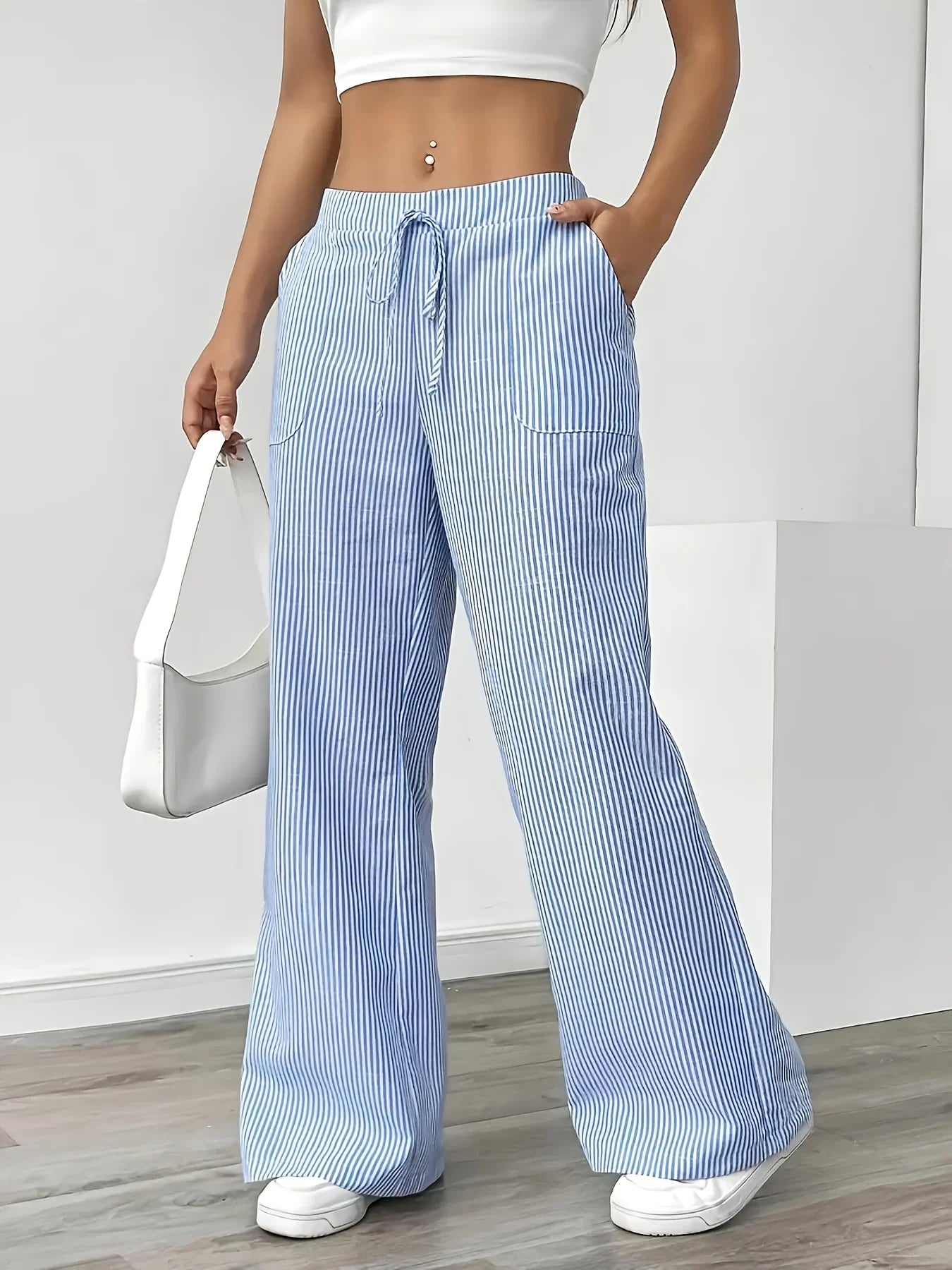 New Women's Pants, Sports Pants, Women's Fashionable and Popular Casual Striped Blue Pocket Pants